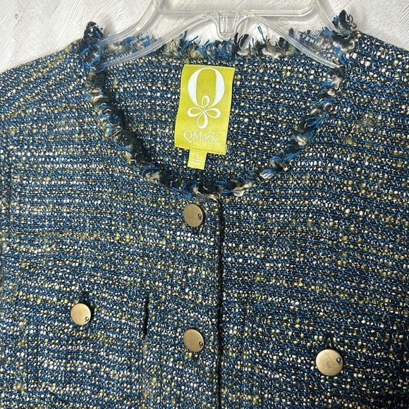 🆕 QMack Tweed Jacket Blazer with Fringe Trim in Blue Multi, Size small - Picture 5 of 9